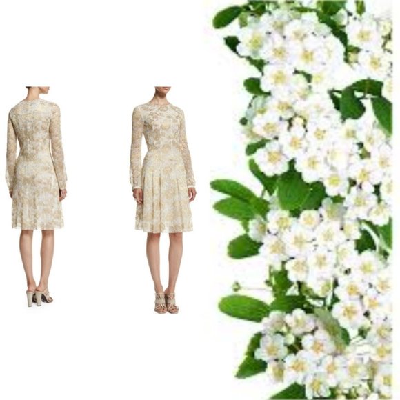 °$3,990 OSCAR DE LA RENTA GOLD FLORAL LACE MIDI RUNWAY DRESS US 0 S - Picture 2 of 9